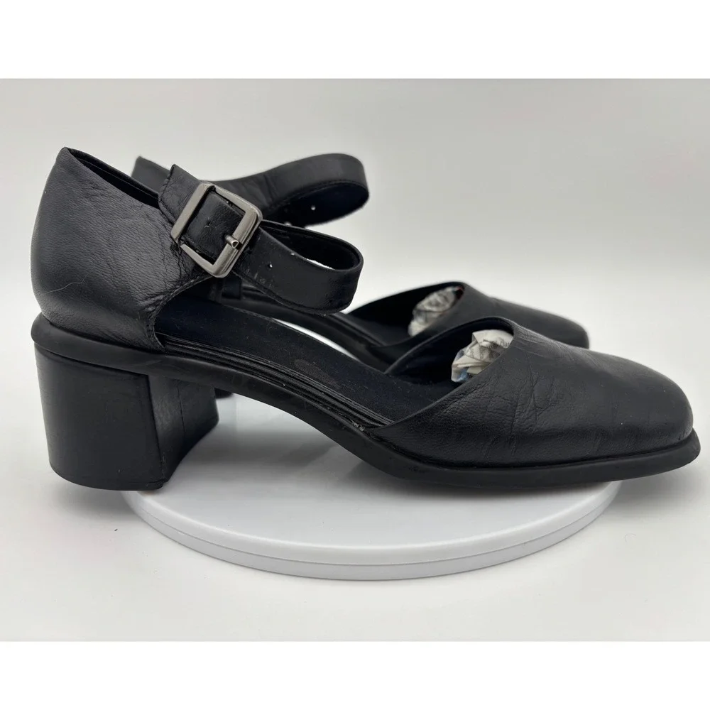 VINTAGE BLACK MARY‎ JANE Leather Shoe Y2K Chunky Block Heel Womens Square Ankle